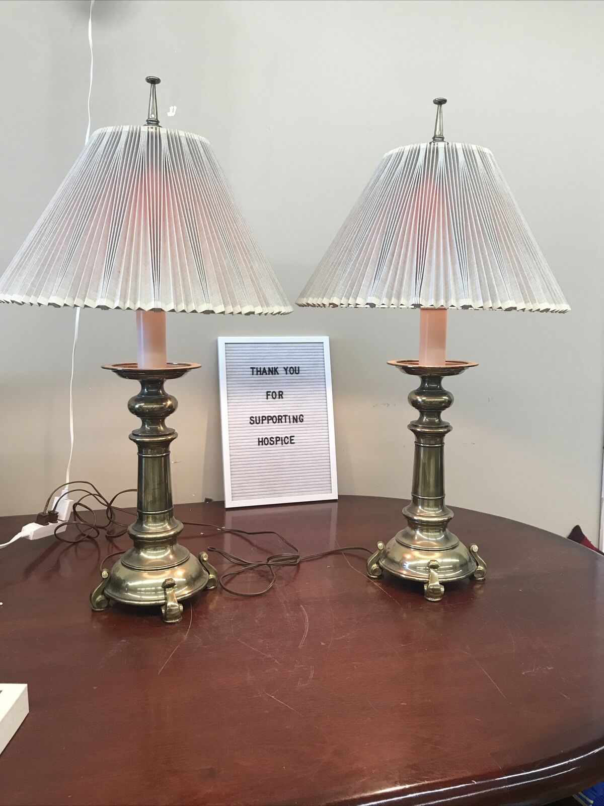 Matched Pair-Tall Stiffel Mid Century Modern Solid Brass Lamp W/original Shades
