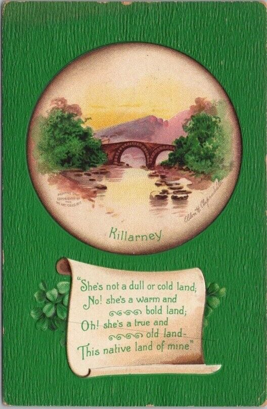 1915 ST. PATRICK'S DAY Postcard KILLARNEY Bridge View / Artist-Signed CLAPSADDLE