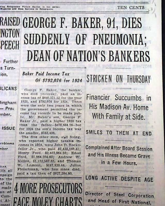 GEORGE FISHER BAKER New York Financier DEATH Al \'Scarface\' Capone 1931 Newspaper