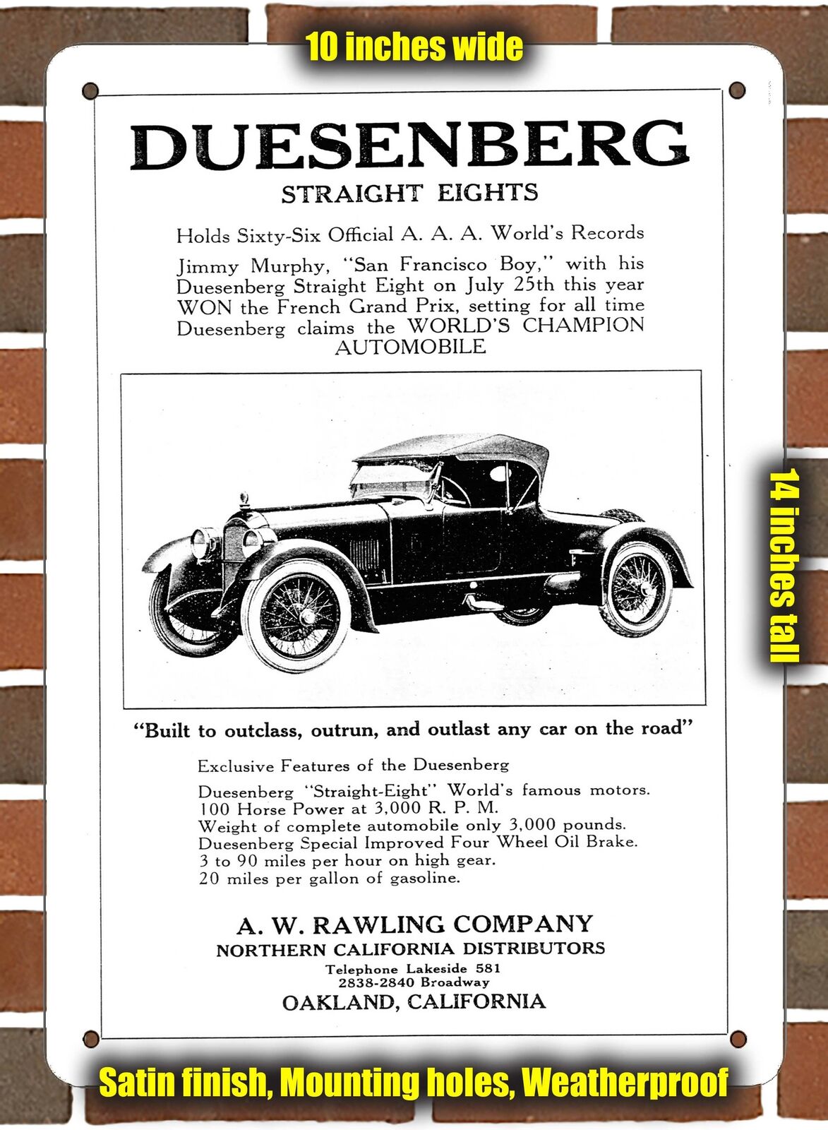 Metal Sign - 1921 Duesenberg Roadster- 10x14 inches