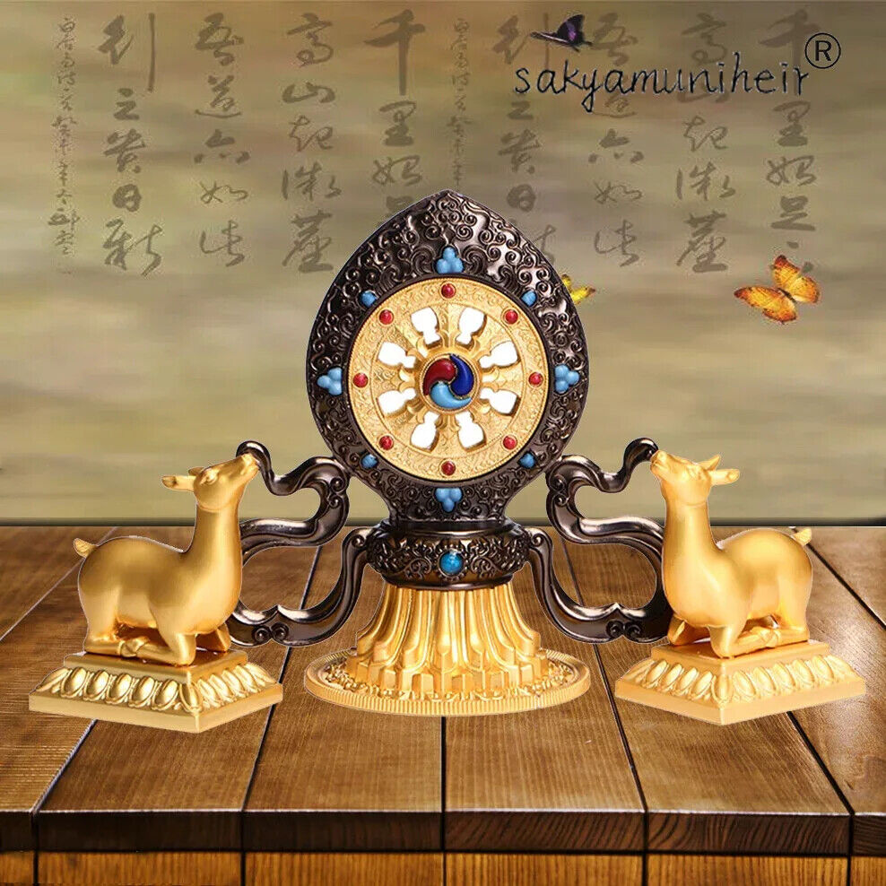 Double Deer Dharma Wheel Tibetan Buddhist Ornaments Buddha Hall Enshrines