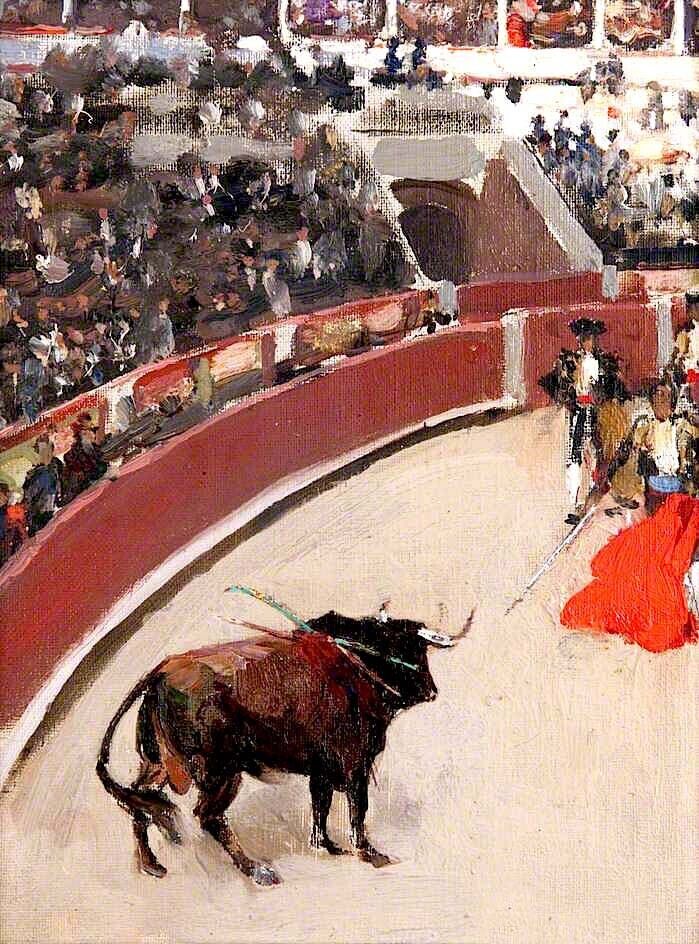 Oil painting El-Espada-Sir-John-Lavery-R.A. matador bullfighting festival cows