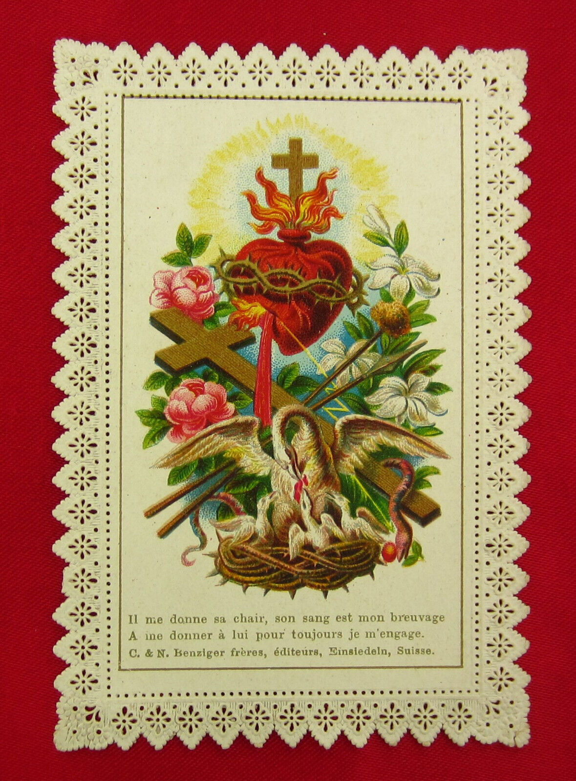 Antique SACRED HEART Lace Holy Card JESUS BODY BLOOD Card Einsiedeln Switzerland