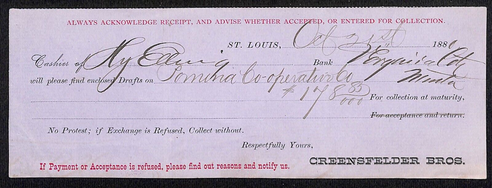 1881 Creensfelder Bros. St. Louis Bank Check - Scarce