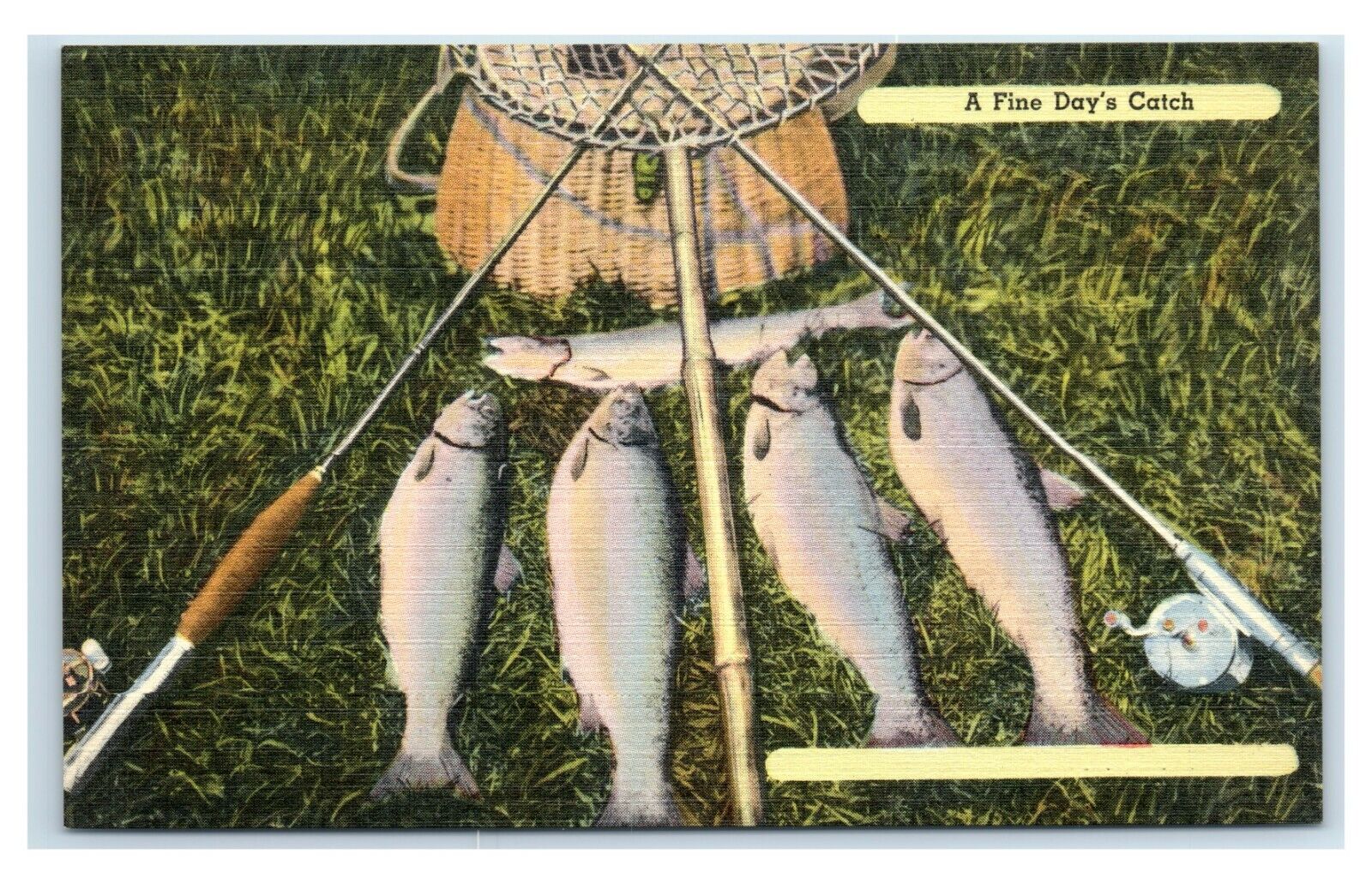 Postcard A Fine Day\'s Catch, fishing poles fish linen X5