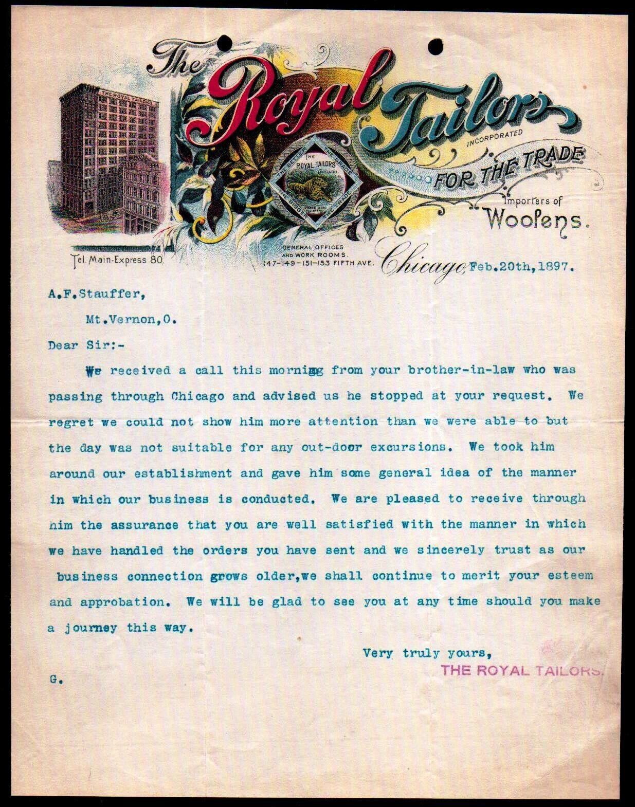 1897 Chicago - Royal Tailors - Woolens - Rare Color Letter Head Bill