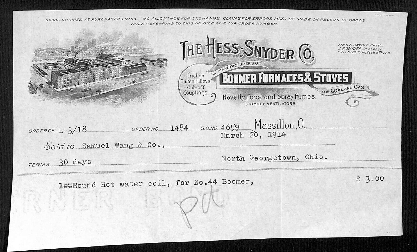 Hess-Snyder Co Boomer Furnaces Massillon Billhead 1914 Samuel Wang* N Georgetown