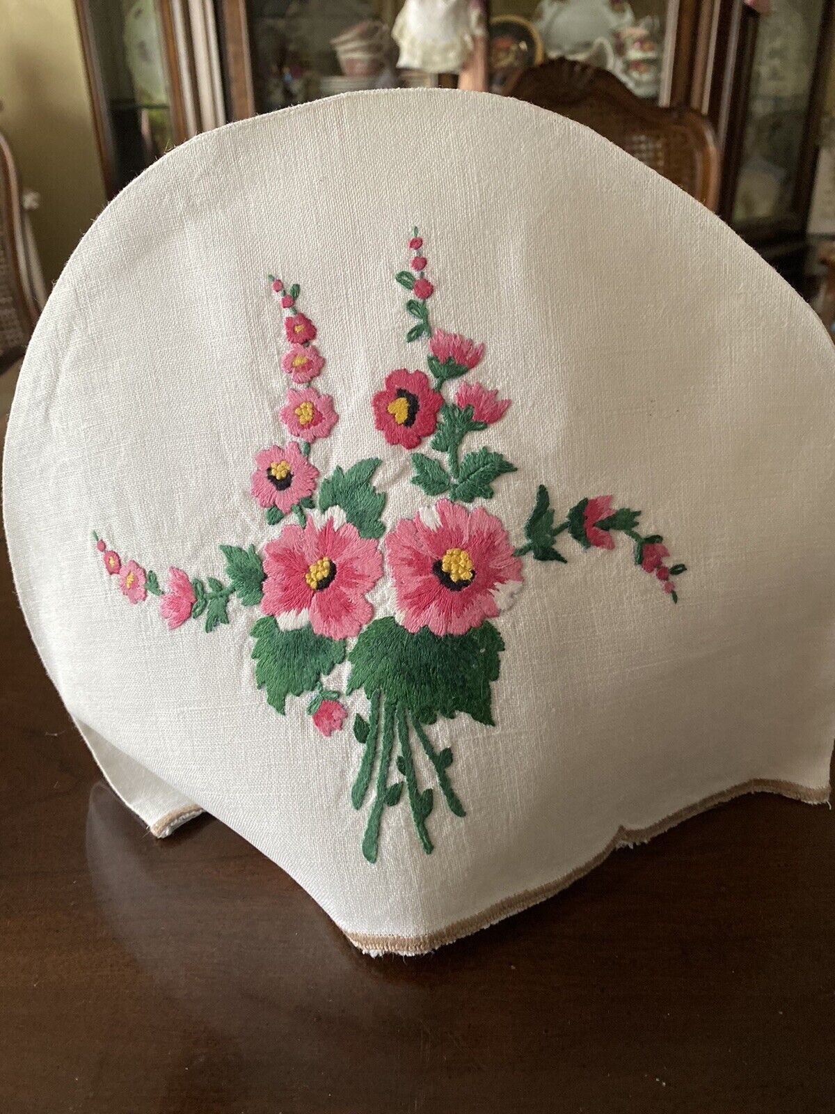 Vintage English Embroidered Linen Tea Cozy w/Shades of Pink Hollyhock Flowers
