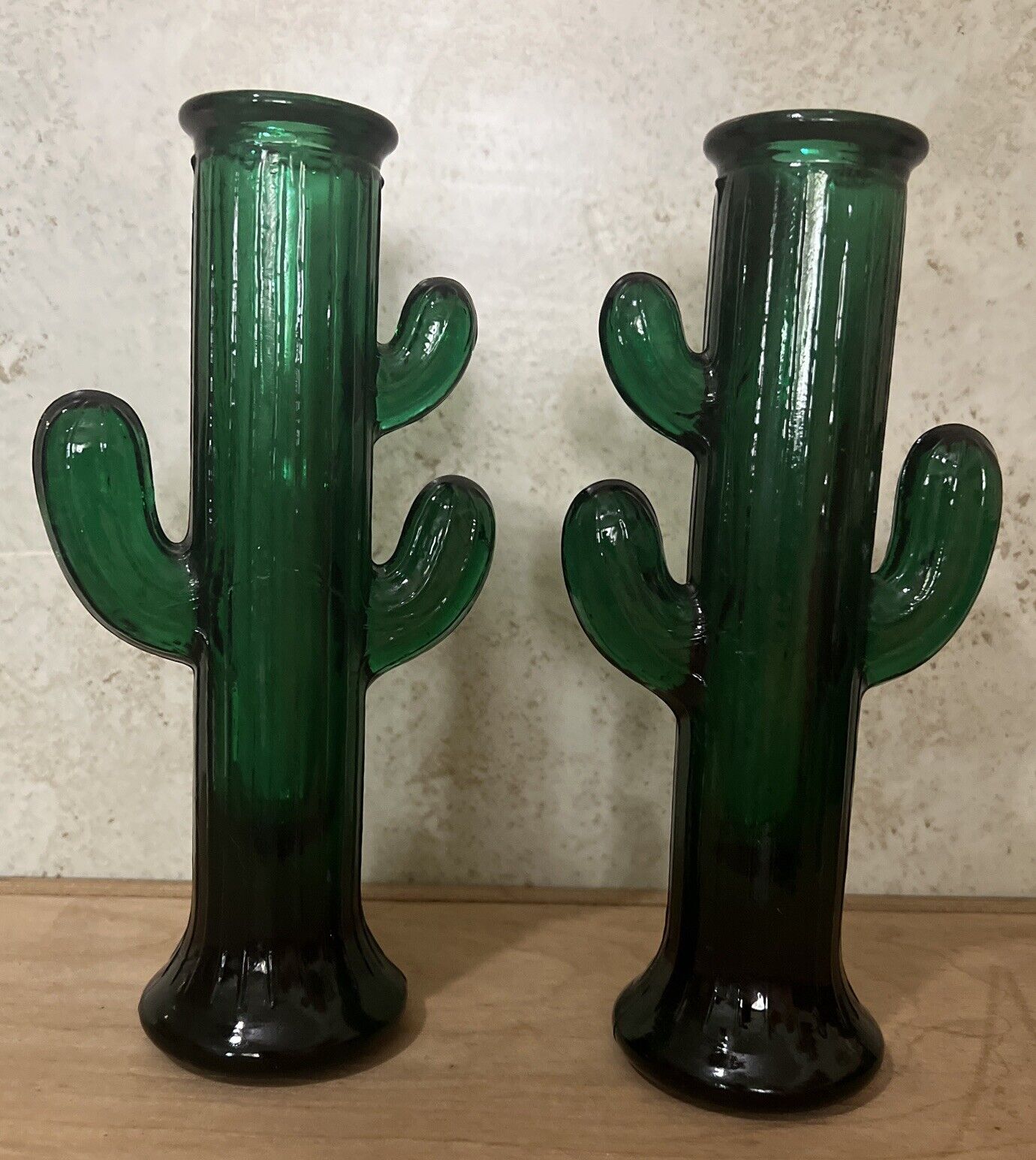 Pair of Pier 1 Green Glass Cactus Candle Holder Made in Spain Solid Heavy 8 inch