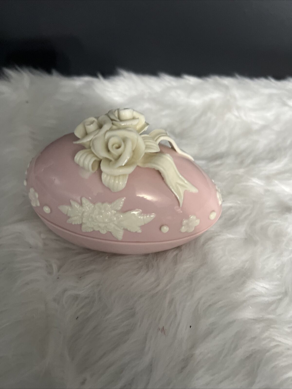 VTG EASTER Porcelain Pink and Ivory Floral Easter Egg Trinket Jewelry Box Vanity