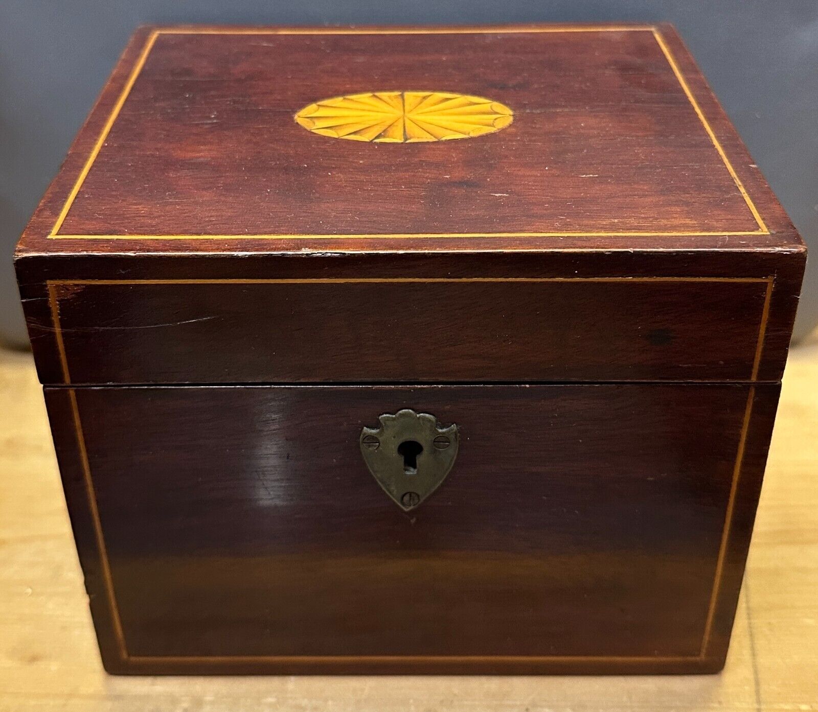 RARE 19th Century Handmade Marquetry Wood Inlay Victorian Tea Caddy Hinged Box