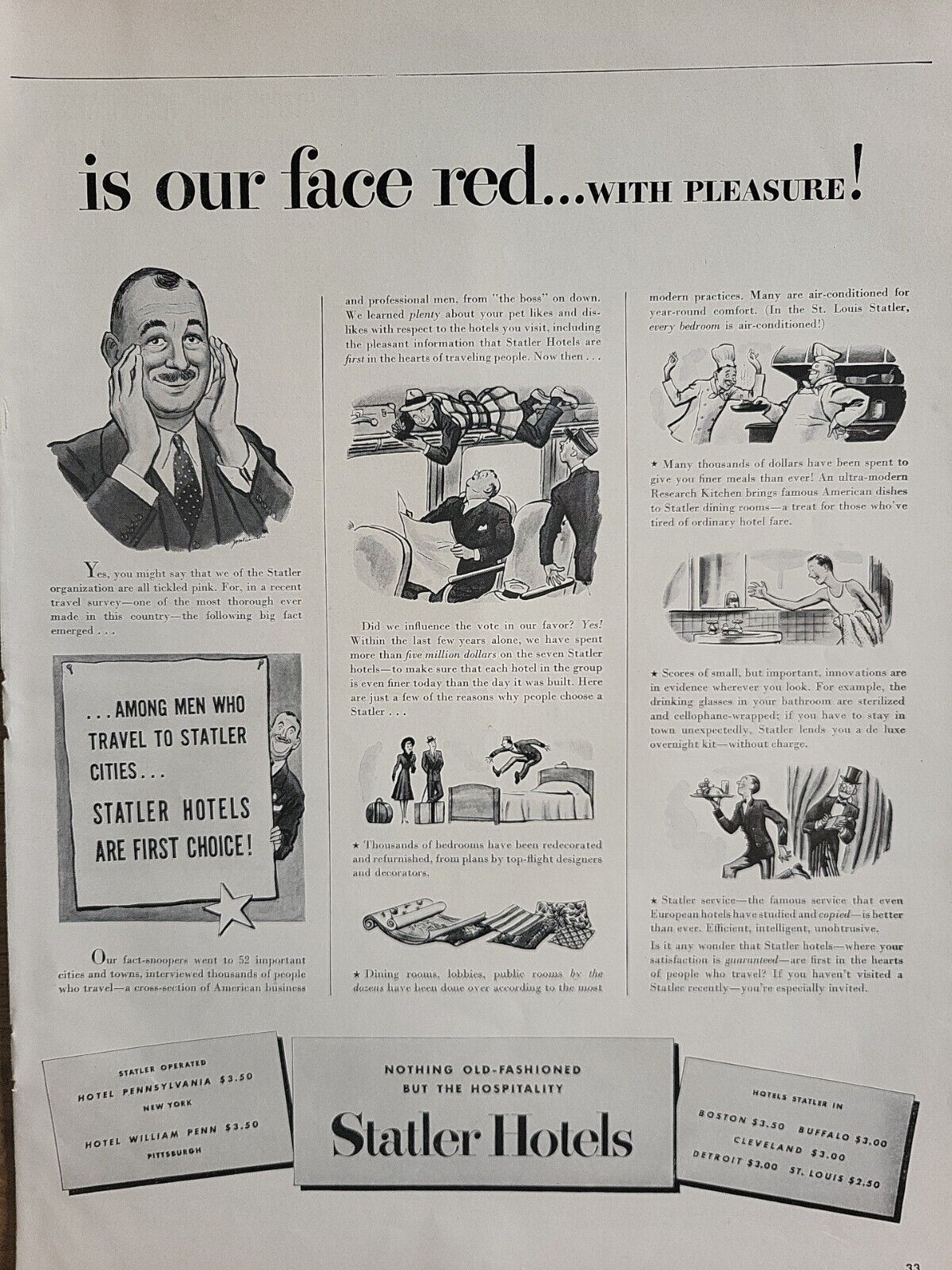 1941 Statler Hotels Print Advertising Life Magazine Tearsheet B&W Vacation