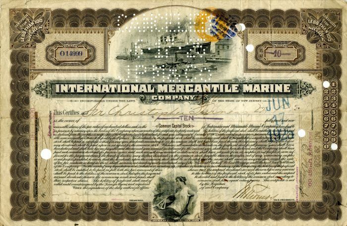 International Mercantile Marine Co. Issued to Sir Christopher Furness - Co. that