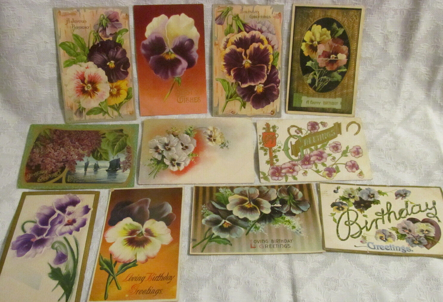 Lot of 10~PANSY Flowers 1910-12 Antique Postcards~Birthday~Best Wishes~Greetings