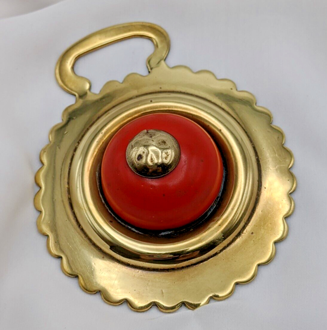 Brass Horse Medallion Antique Porcelain Pot Red Ceramic Show Parade Harness