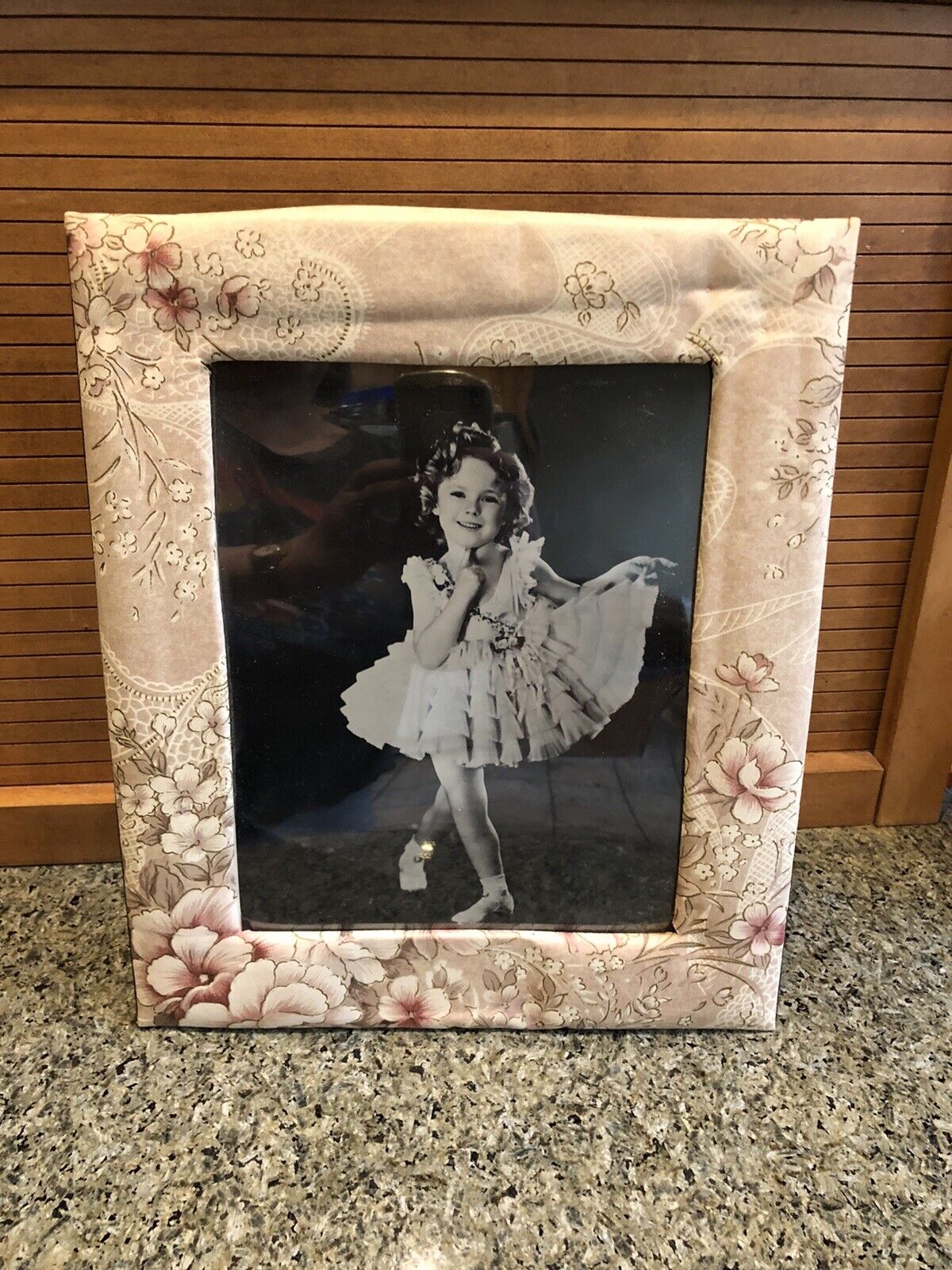 Vintage SHIRLEY TEMPLE Photograph in Soft Fabric Floral Picture Frame 