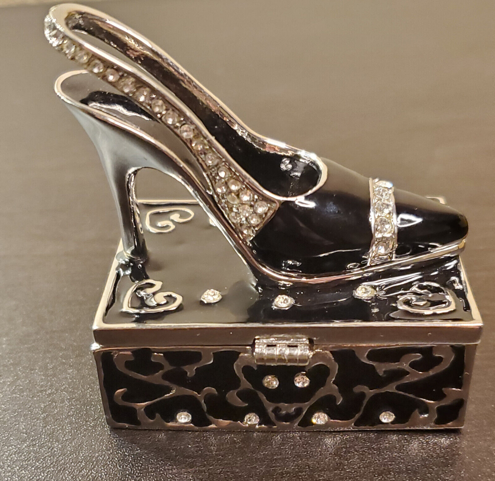 Luxurious Jere Wright Black Enamel Bejeweled Heel Shoe Trinket Box