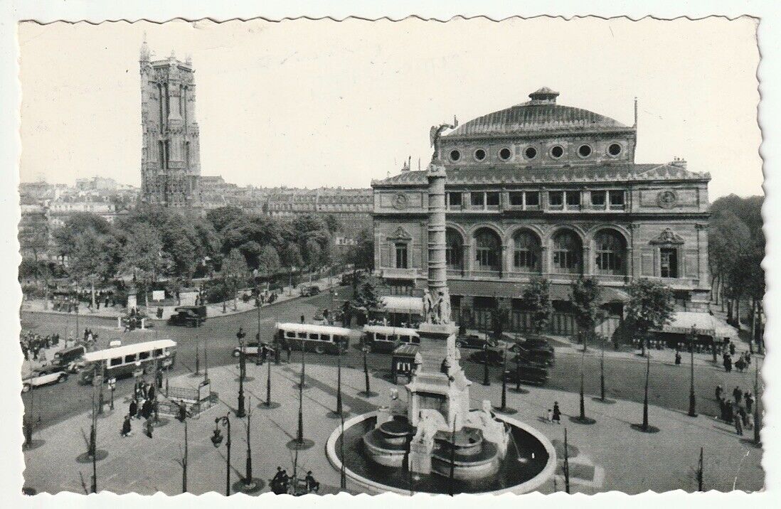1958 Paris RPPC La Place du Chatelet with fountain