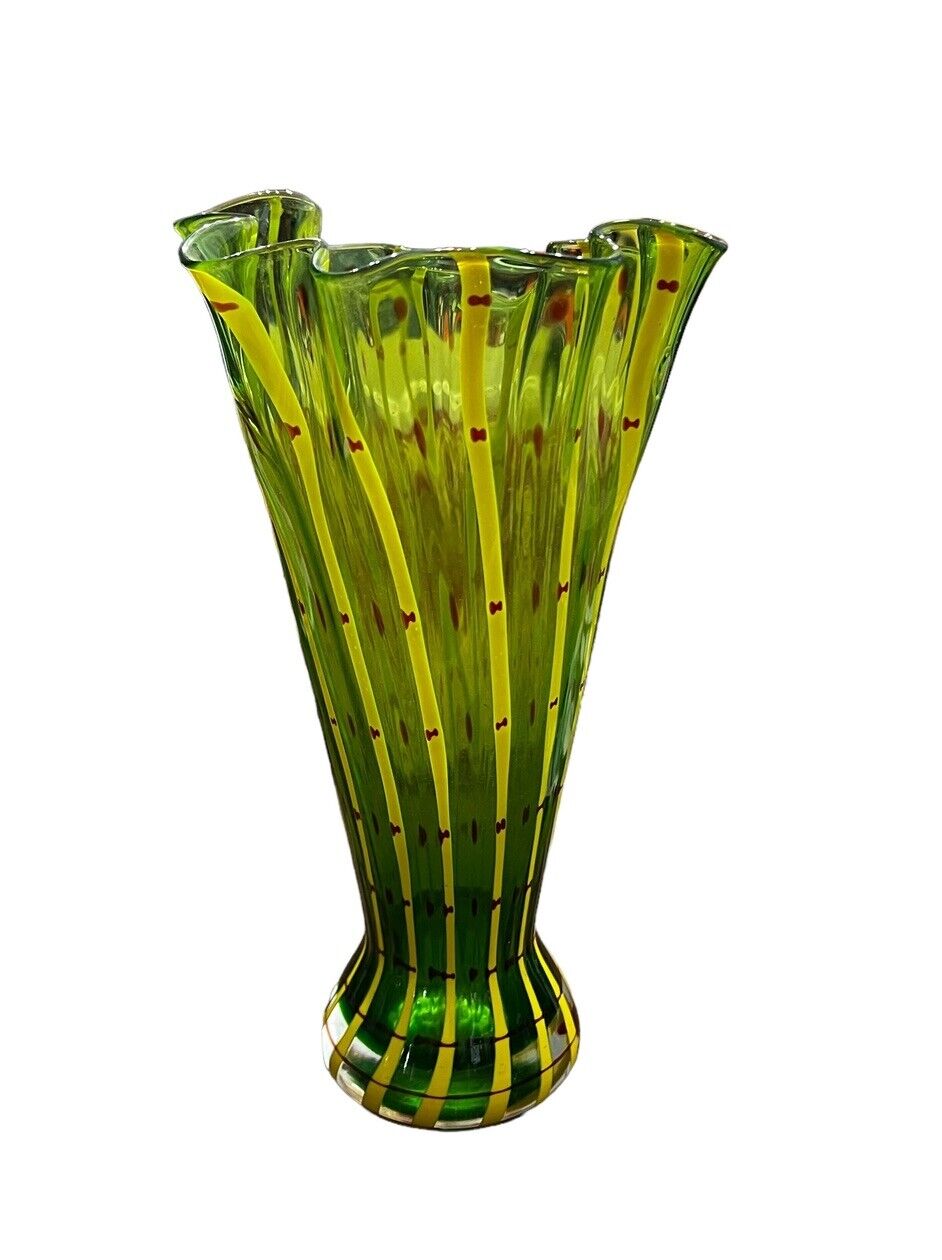 VTG Eastern Art Glass Vase Ruffled Green Yellow Ribbon Stripe 10” Tall