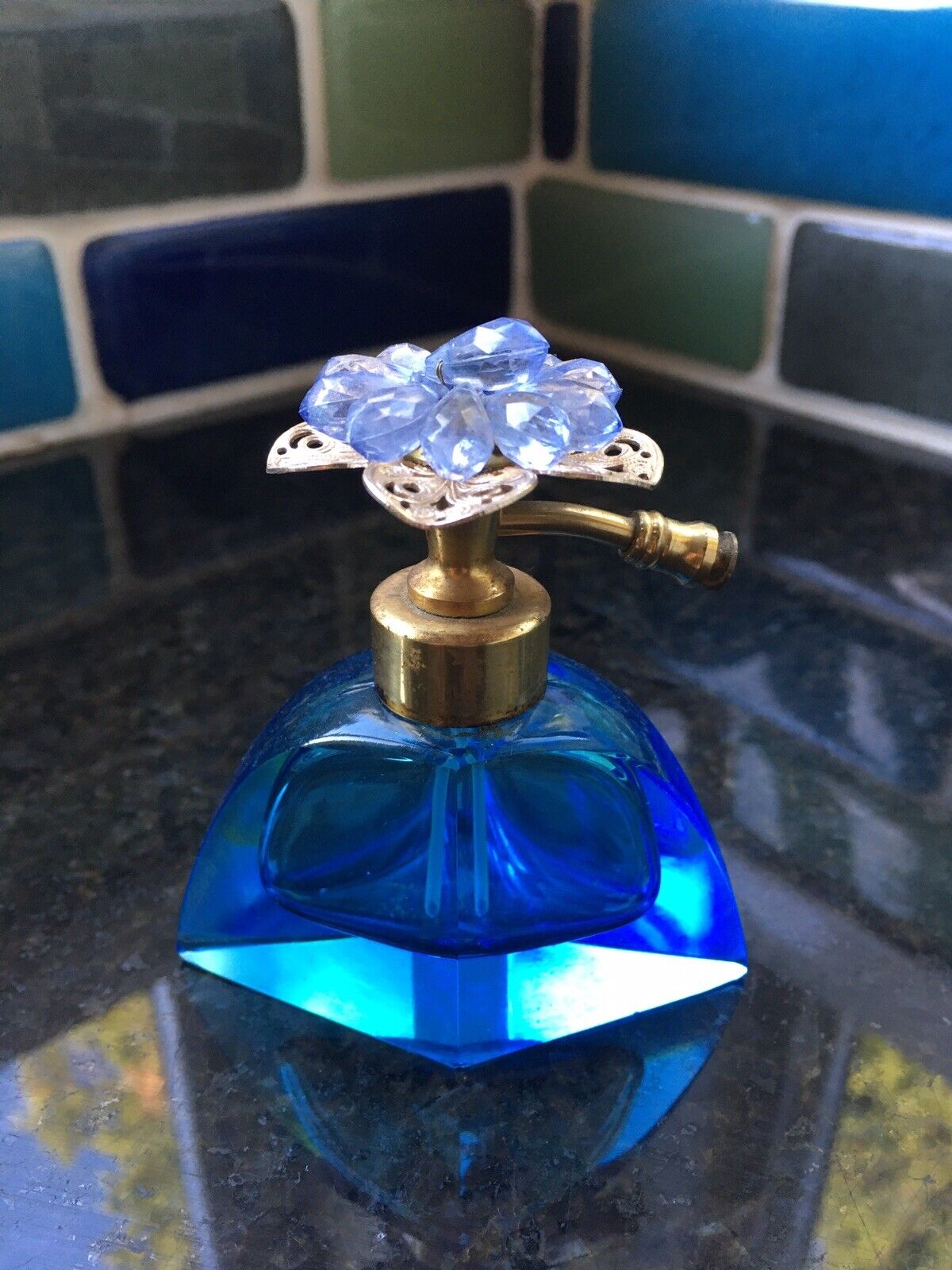 Vintage Perfume Bottle Blue Glass Jeweled Lid Bottle 1950’s Lovely 