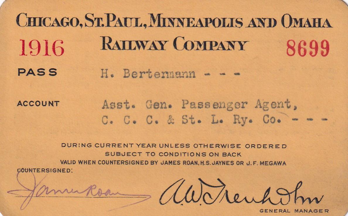 1916 Chicago Saint Paul Minneapolis & Omaha Railway pass -Big 4 Railroad CCC&StL