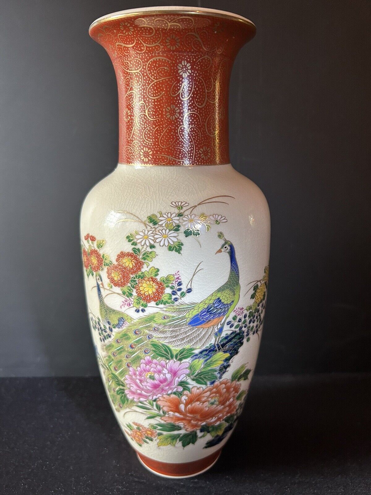 Japanese Peacock & Floral  Vase Porcelain Gold Trim Crackle Glaze 12.25”tall Vtg