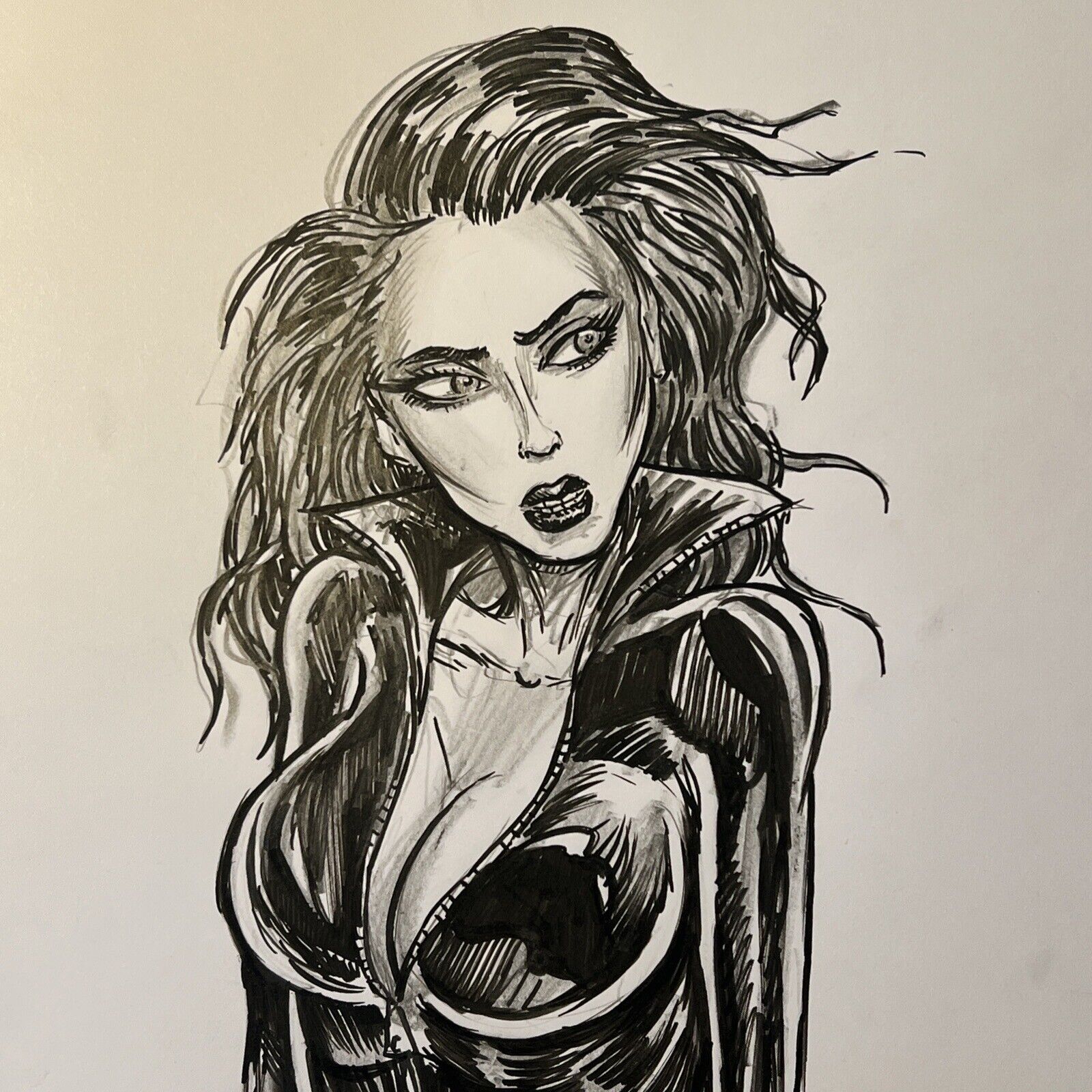 Sexy Femme Fatale In Leather Lingerie Original Art drawing By Frank Forte