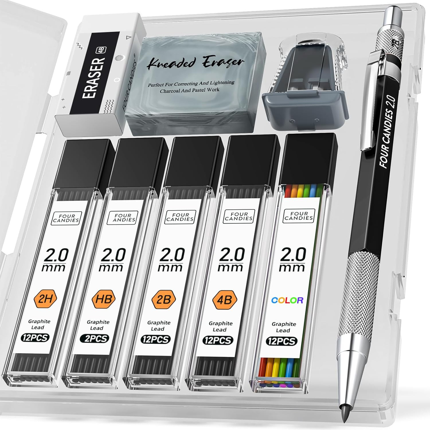 Four Candies 2MM Mechanical Pencil Set with Case, Artist Lead Pencil Metal Lead 