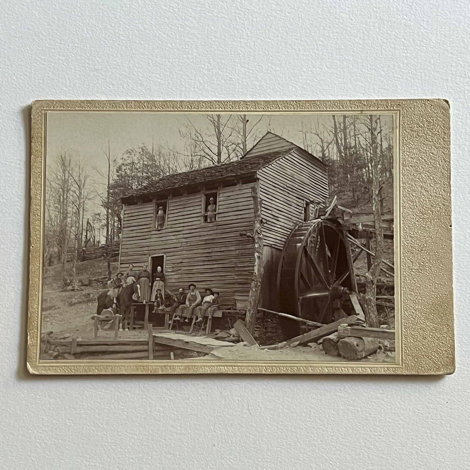 Antique Cabinet Card Group Photograph Water Mill Working Men Horse Wonderful