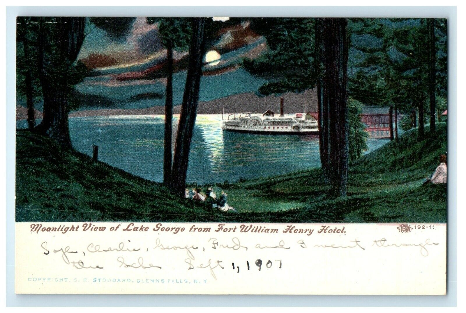 1907 Moonlight View Of Lake George Fort William Henry Hotel Antique Postcard