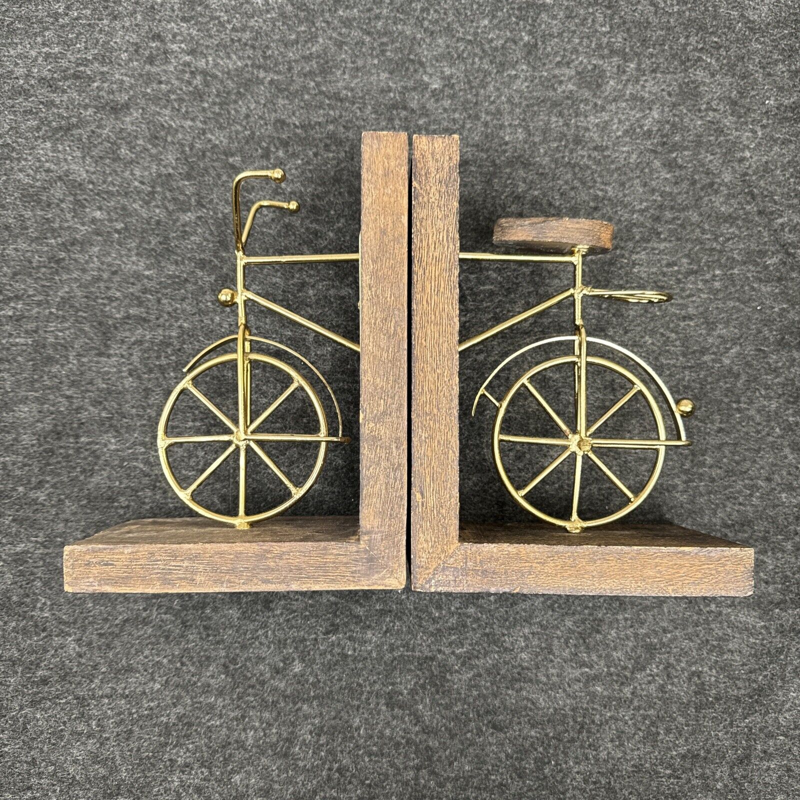 Bicycle Book Ends Wood Gold Metal Pair Bookends Felt Bottom