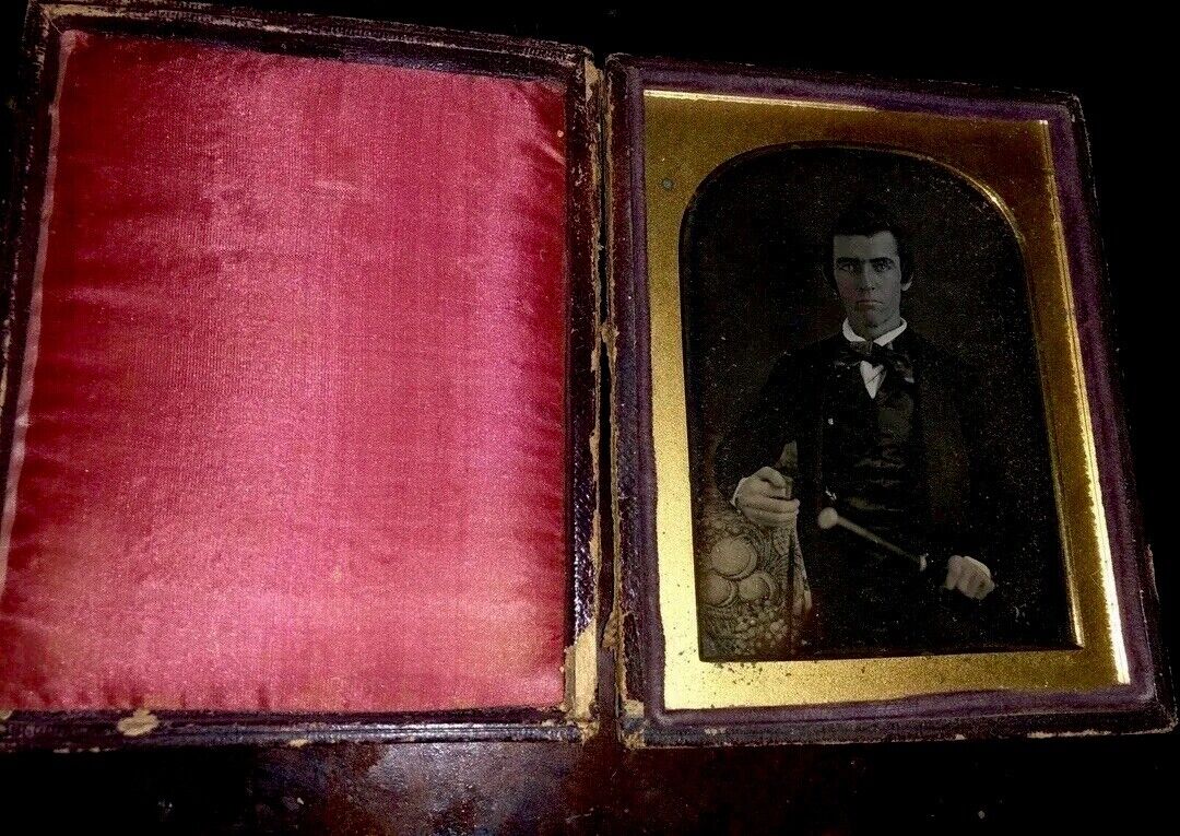 Rare 1840s 1/4 Daguerreotype Musician Holding Flute or Sword ? - Possibly Texas