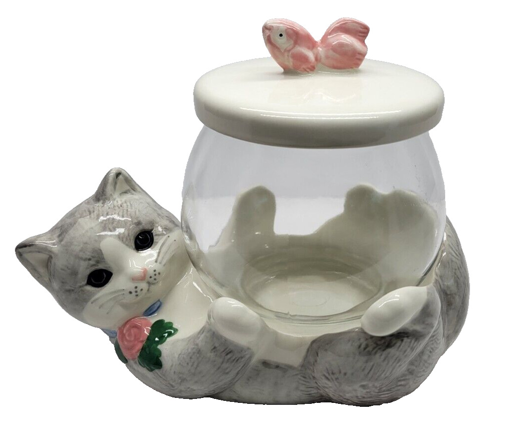 Vintage Treasure Craft Kitty Cat with Glass Fish Bowl Cookie Jar