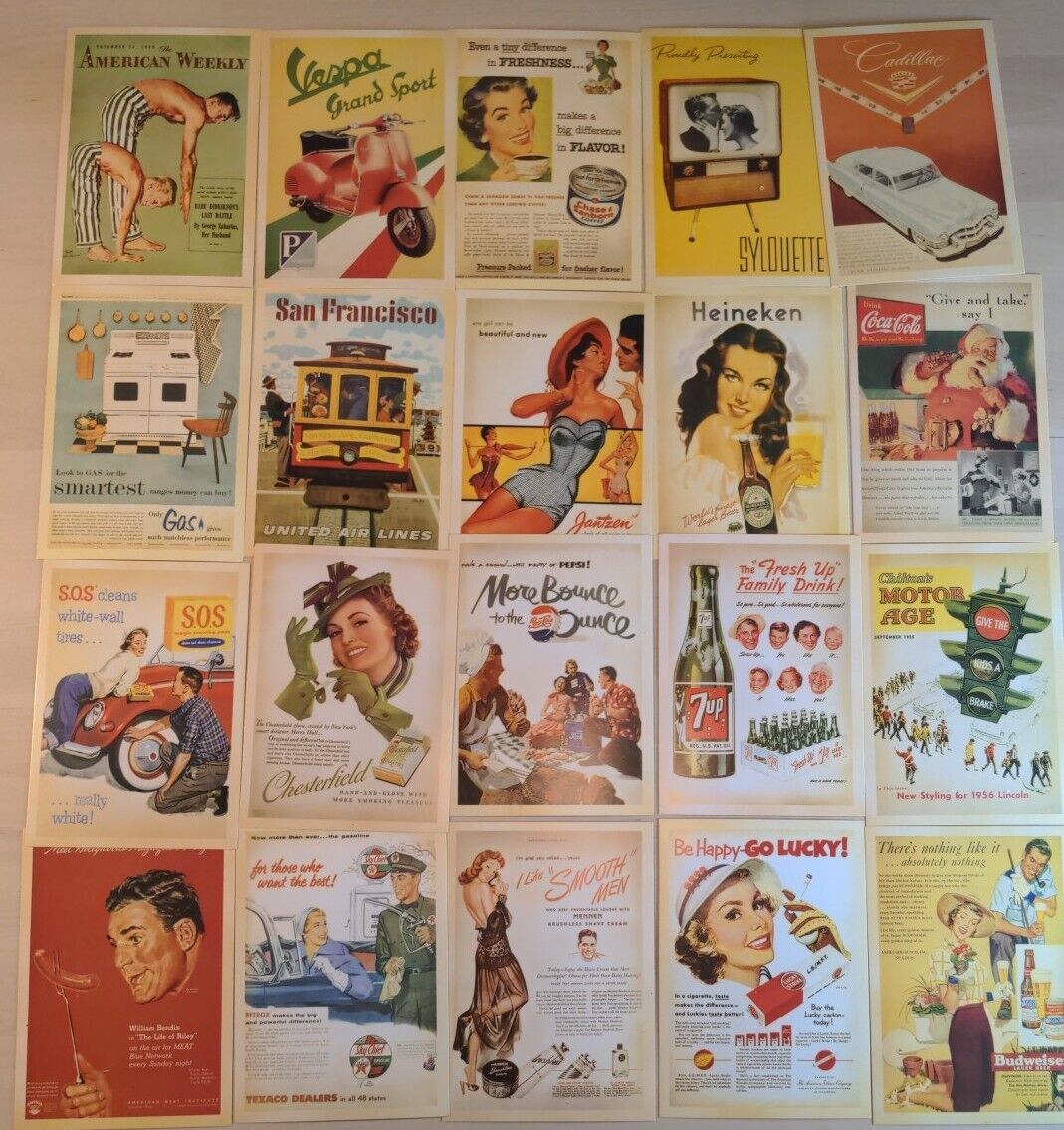 Lot of 20 - NEW - RETRO Postcards-1950s Vintage Magazine Adverts-FREE SHIPPING