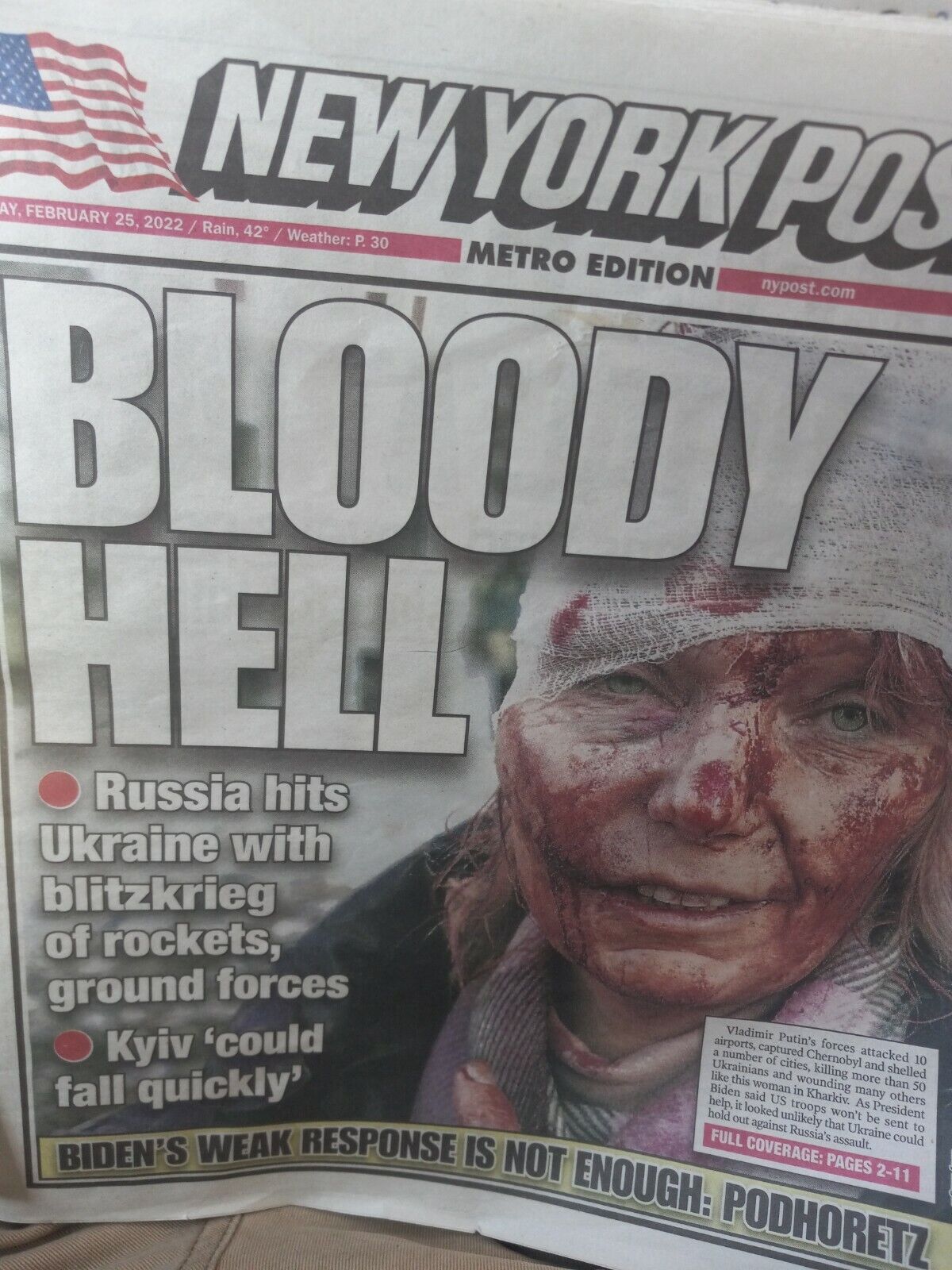 New York Post Friday February  25 2022.  BLOODY HELL Russia Hits Ukraine With...