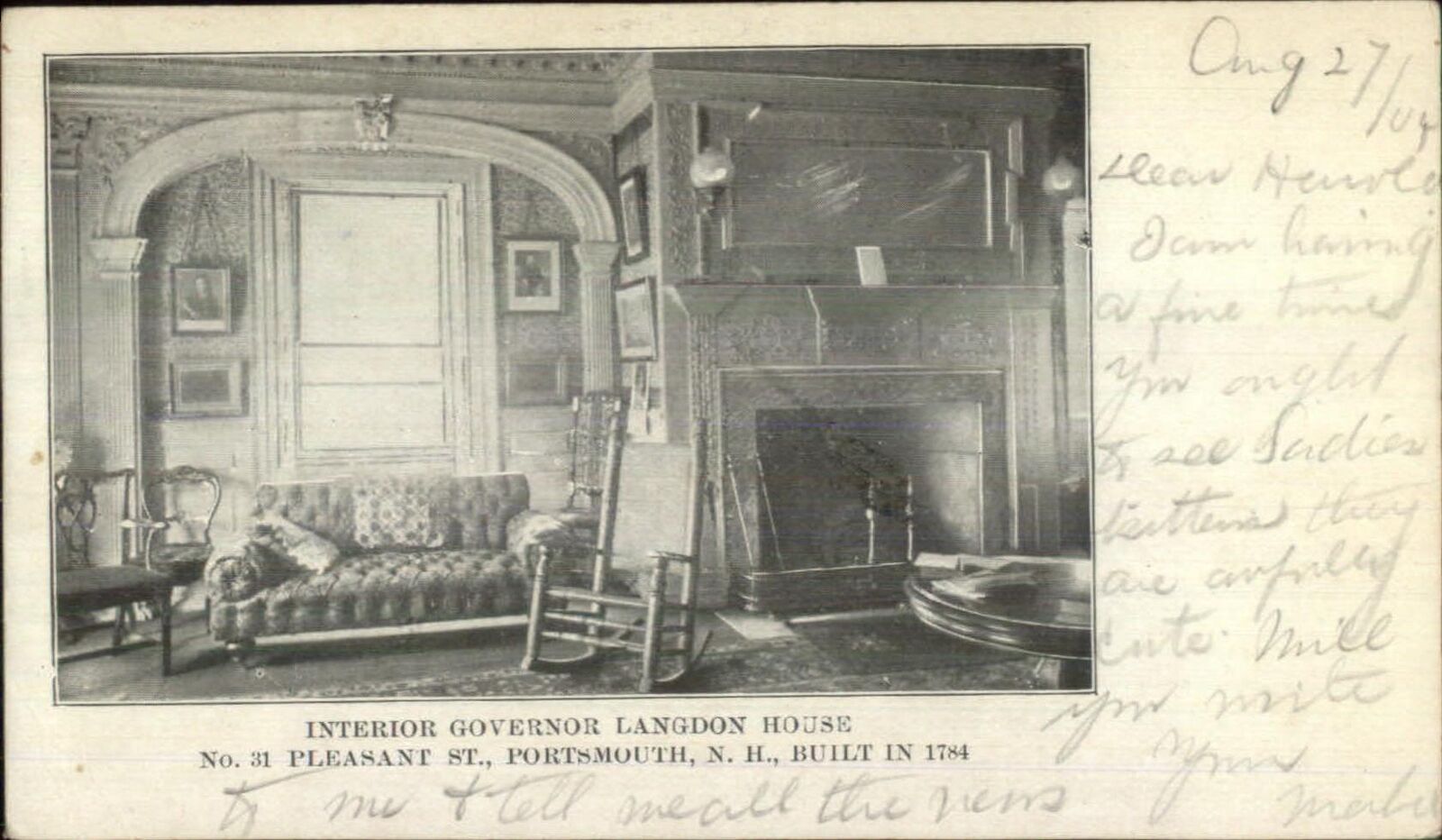Portsmouth NH Governor Landon House Interior c1905 Postcard