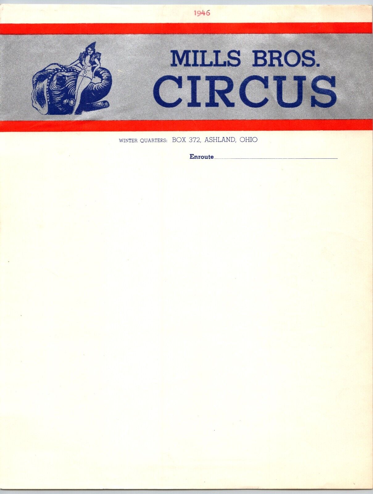 Mills Bros. Circus Letterhead c1946 Ashland, OH w/ Solid Silver Ink Background