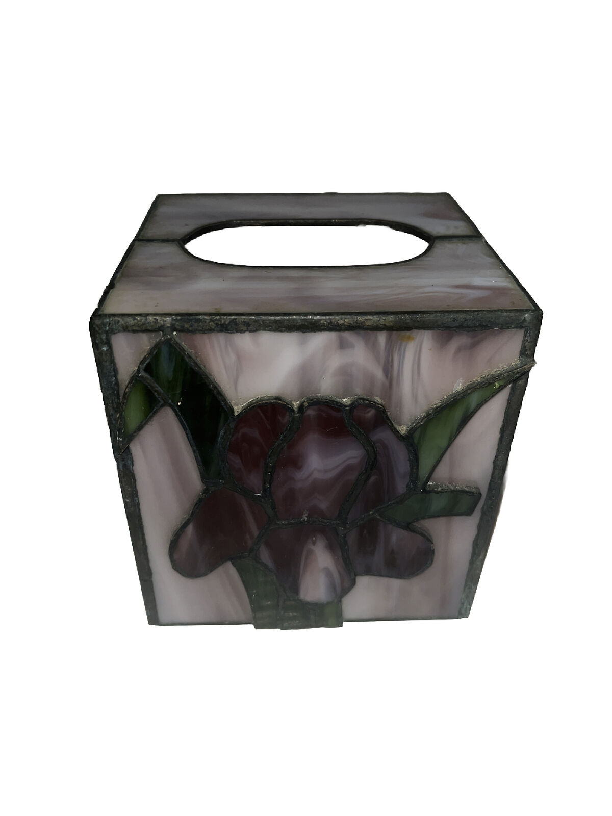 LEADED STAINED GLASS SQUARE TISSUE BOX HOLDER WITH FLOWER PURPLE & GREEN IRIS