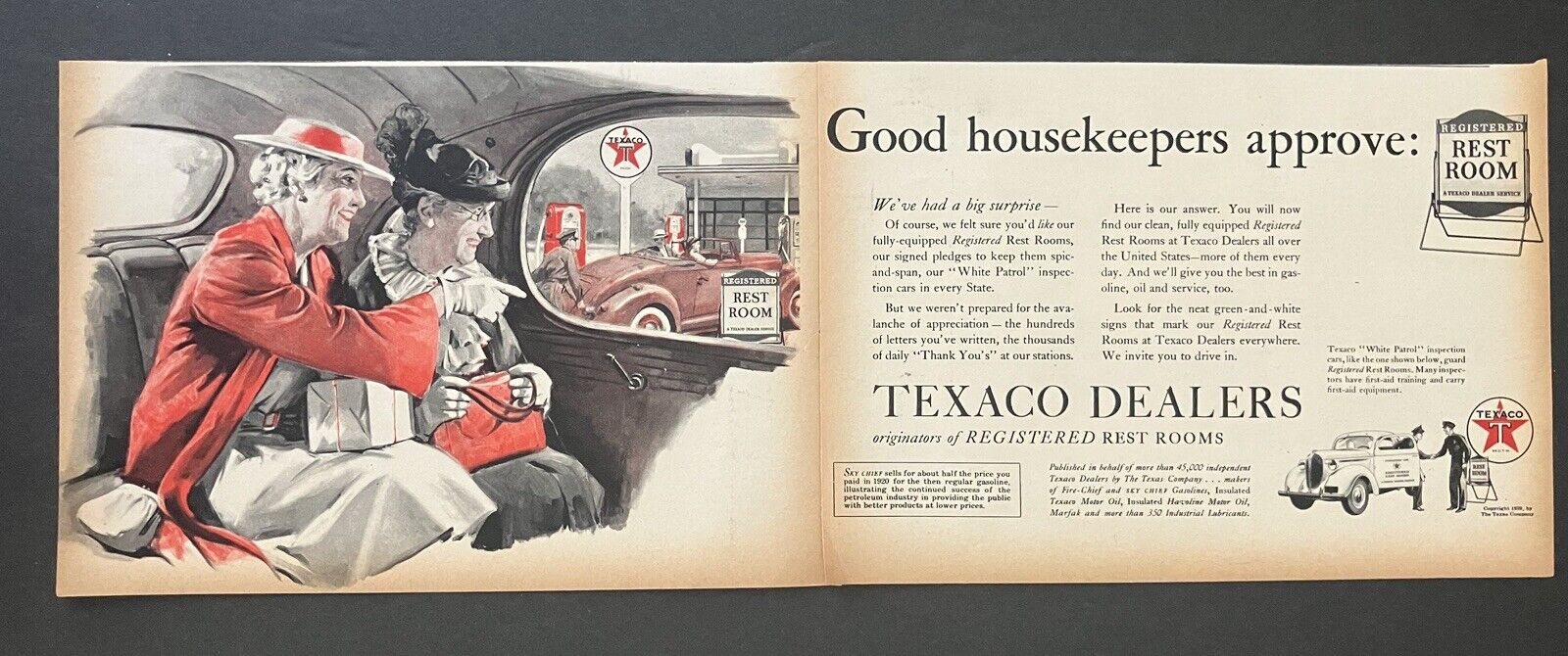 1939 Texaco Dealers Registered Restroom Good Housekeepers Approve Vtg Print Ad