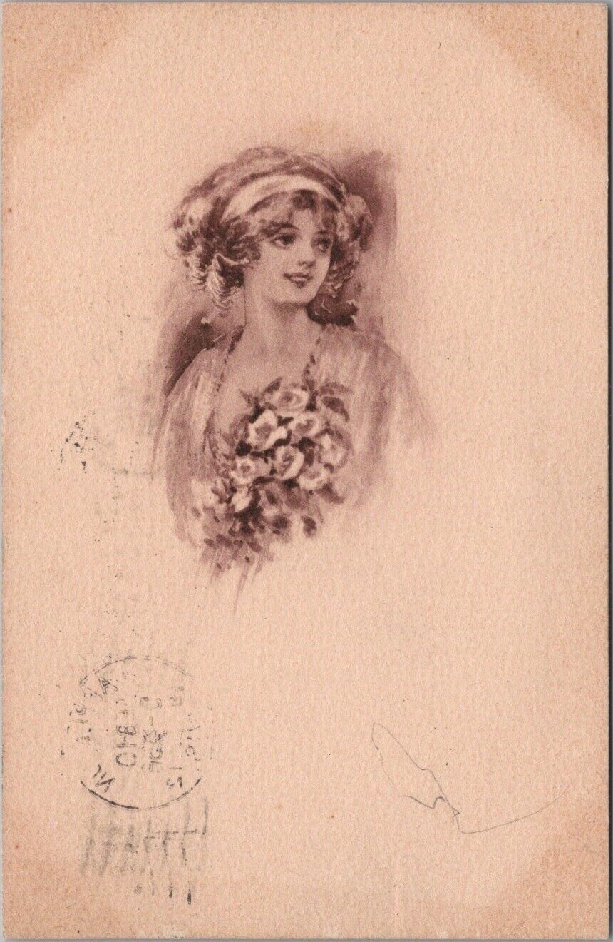 Vintage 1912 PRETTY LADY Greetings Postcard \