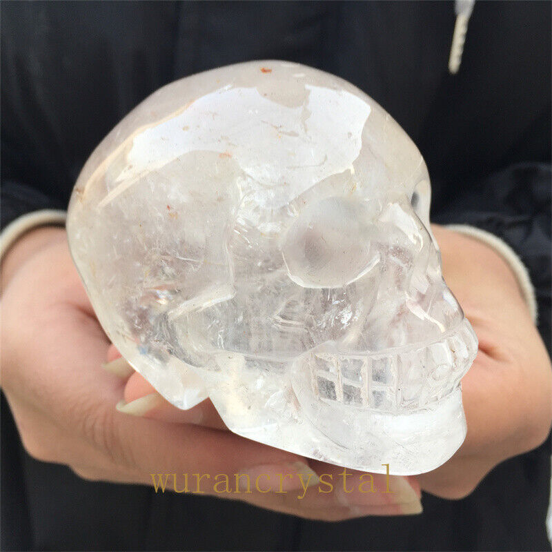 Top 410g Natural Clear crystal Carved skull point Reiki healing Decoration
