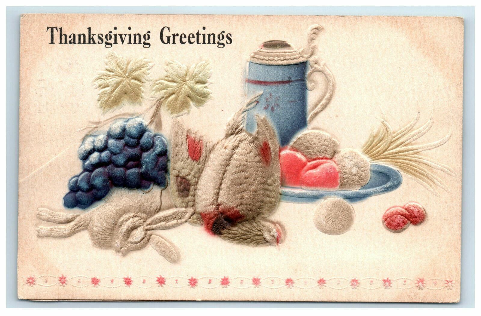 Thanksgiving Greetings Postcar Silk Embossed Stein Rabbit Pheasant