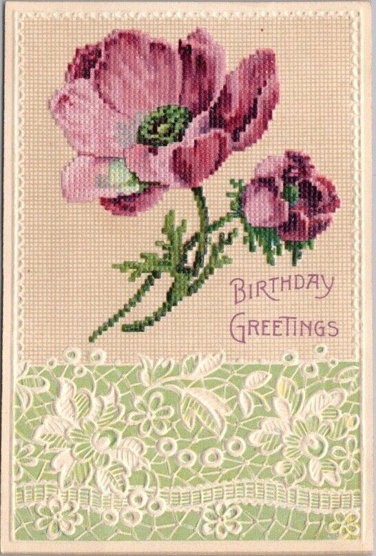 c1910s BIRTHDAY GREETINGS Embossed Postcard Needlepoint Design / Purple Flower