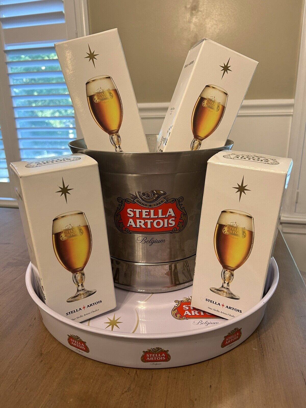 Stella Artois Beer Set-4 Glasses 33cl Limited Edition Gold Label, Bucket & Tray