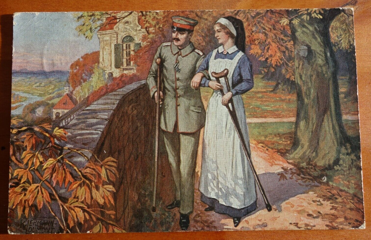 injured soldier on crutches strolls with nurse outside art WW1 1917 feldpost