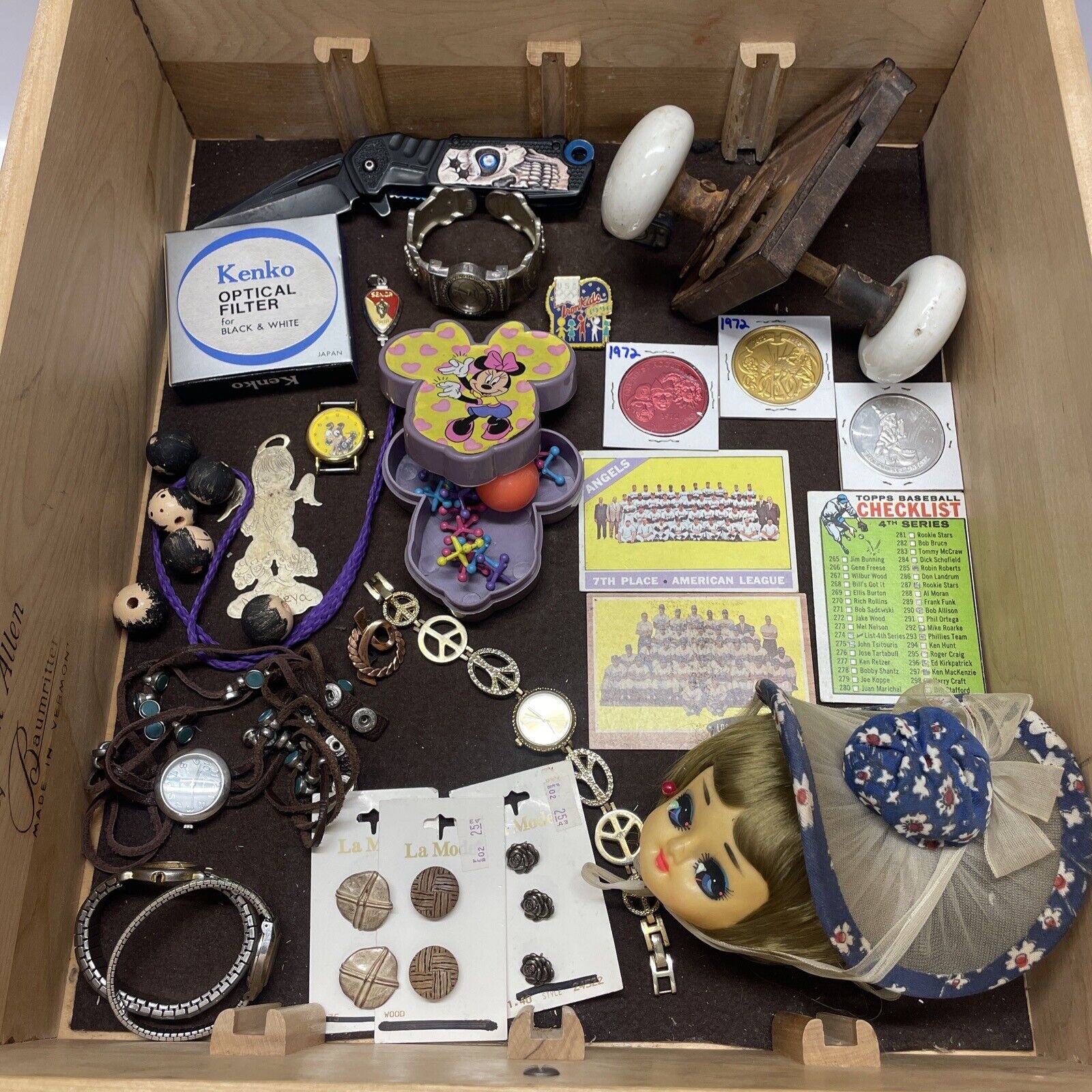 Vintage Junk Drawer Lot Baseball Cards Knife Tokens Buttons Watches