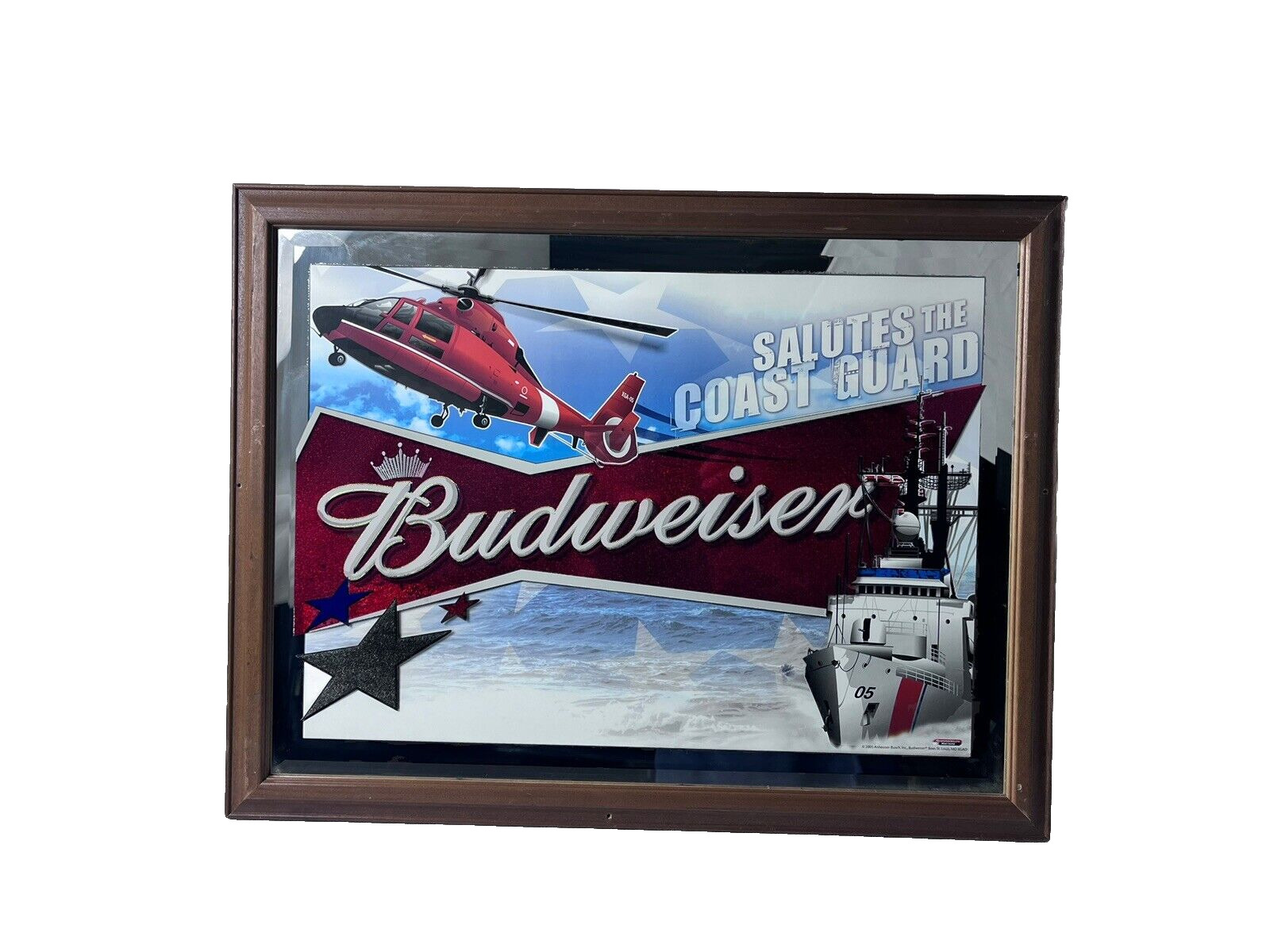 Budweiser Salutes U.S. Coast Guard Beer Mirror Bar Sign Vtg 2002 27.5\