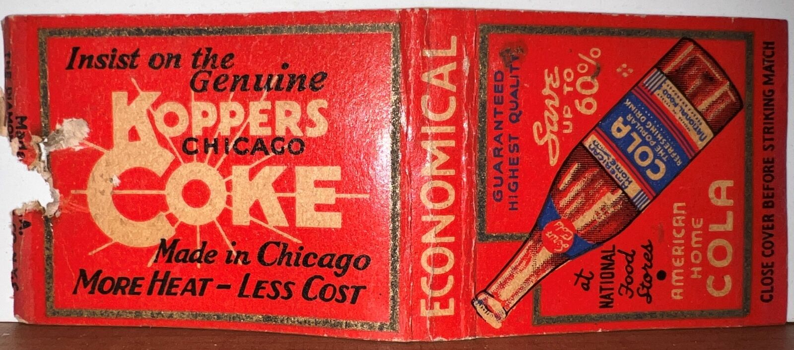 Koppers Chicago Coke American Home Cola Vintage Bobtail Matchbook Cover