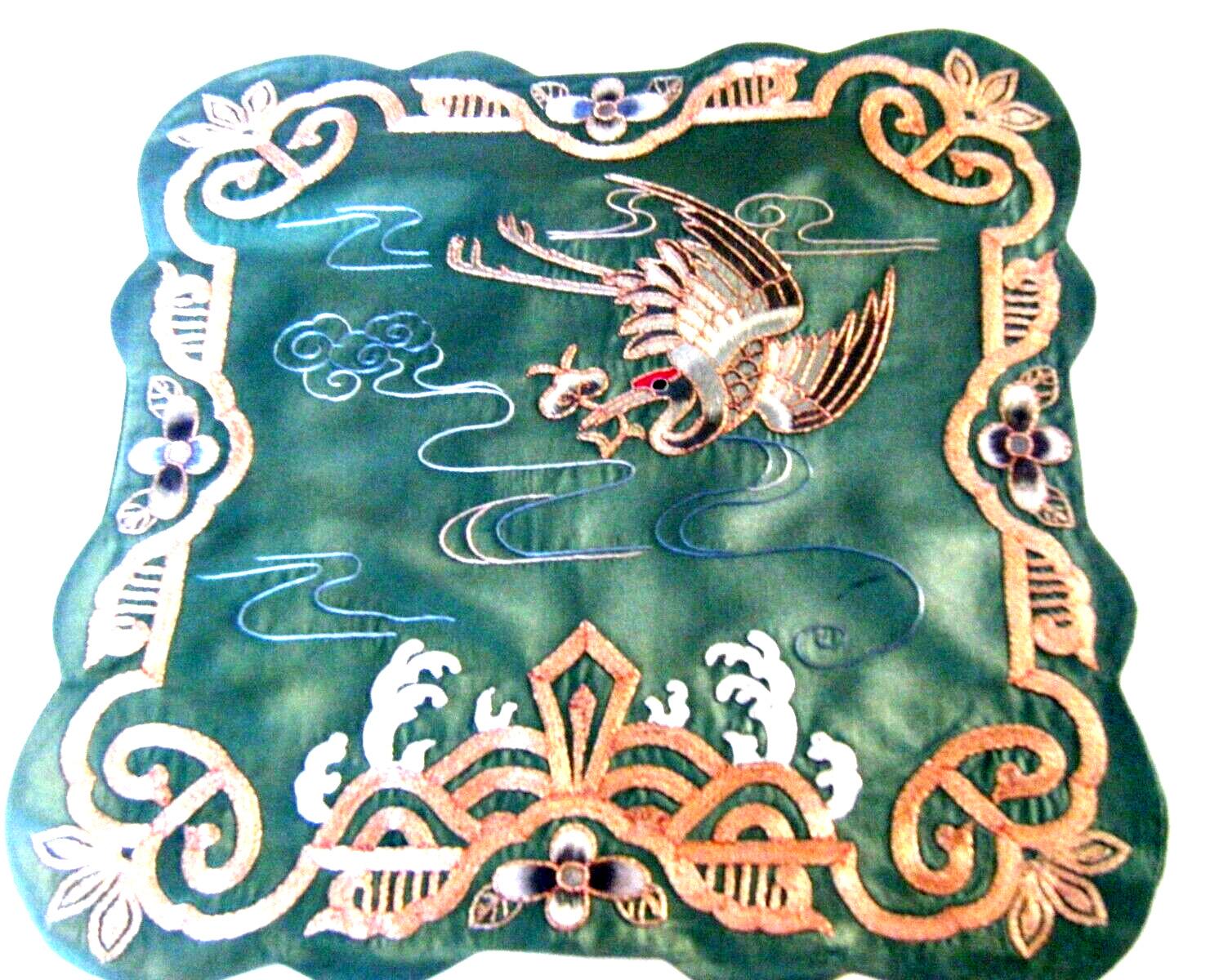Antique  Doily Chinese Great Egret Golden Cloud Green Silk Hand Embr/ed  lined