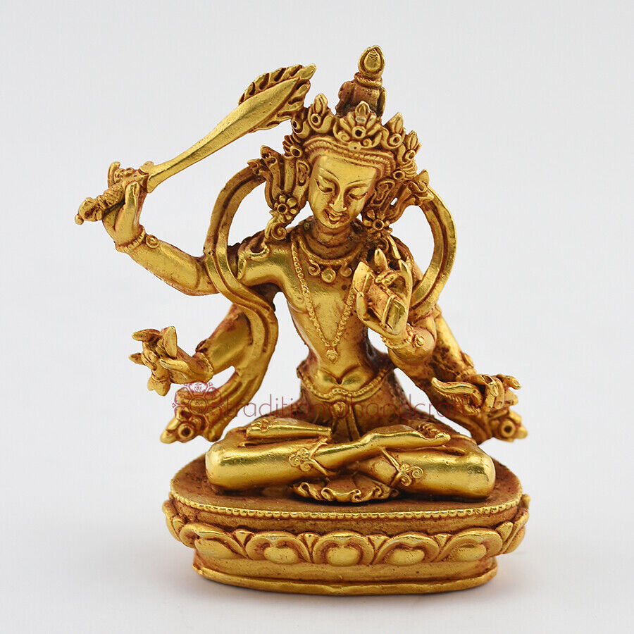 Machine Made, Copper Alloy Gold Plated Four Armed Manjushri Statue